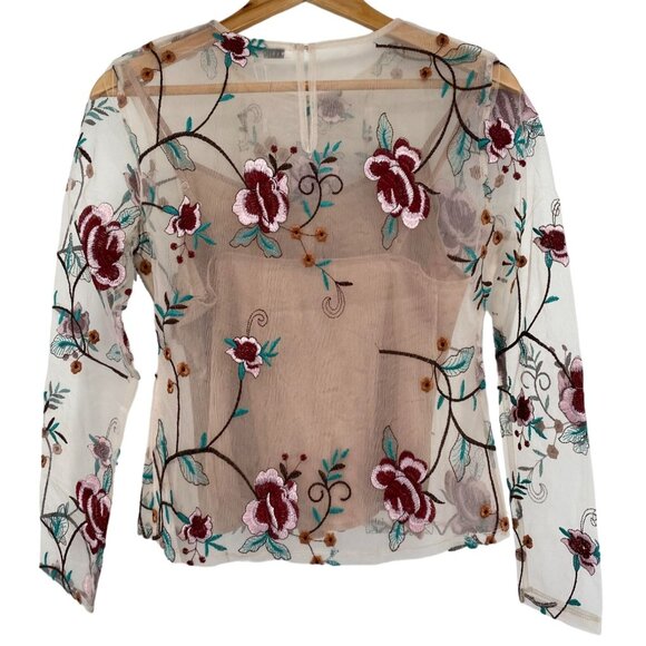 Anthropologie Endless Rose Floral Embroidered Blouse & Nude Camisole Top Set Sma - Picture 7 of 7